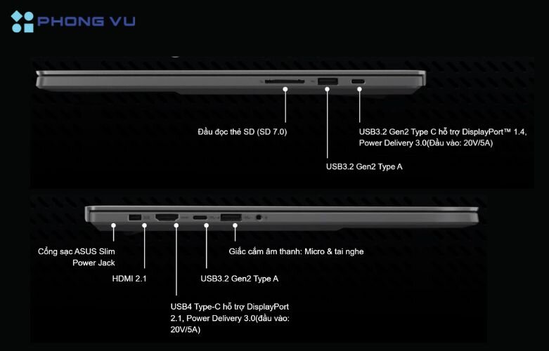 Laptop ASUS ROG Zephyrus G16 GA605WV-QR146WS sở hữu hàng loạt cổng kết nối giúp máy có thể dễ dàng kết nối với nhiều thiết bị ngoại vi hiện đại