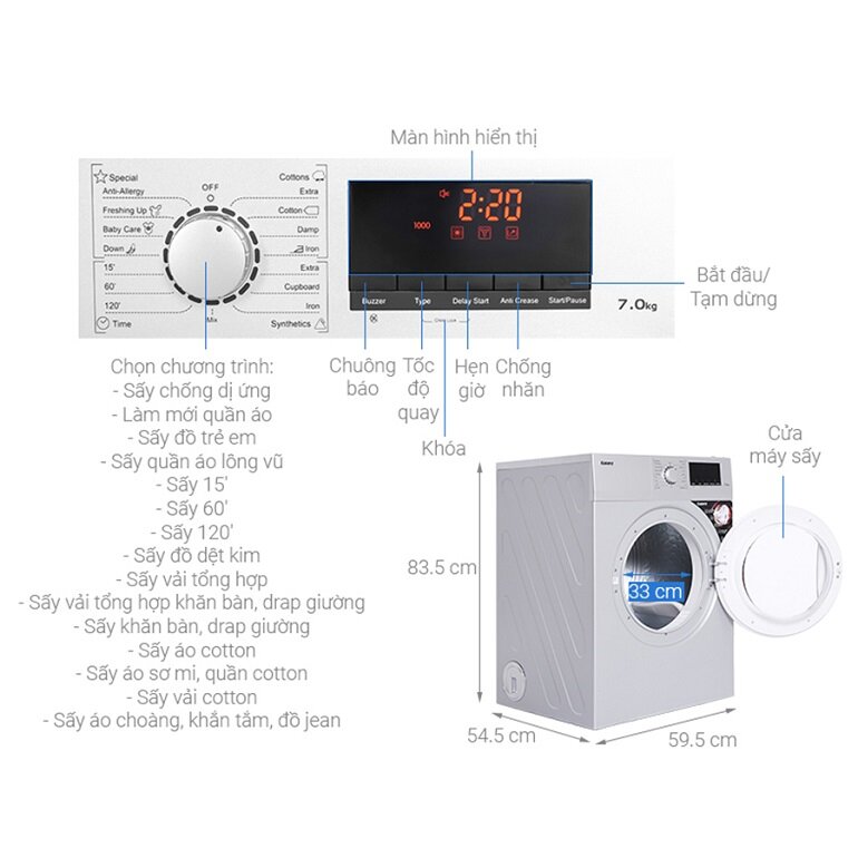 Chức năng trên máy sấy Galanz 7 kg DV-70T5C (S)