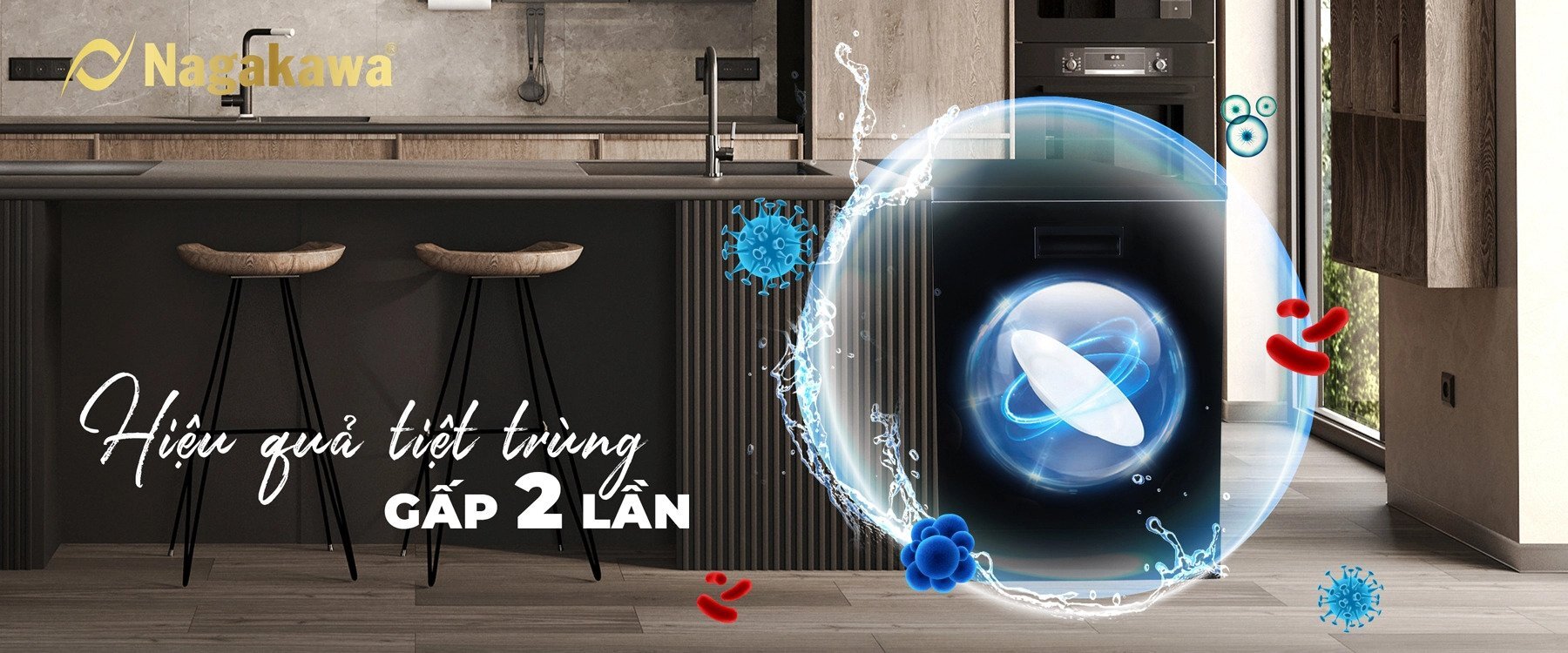 Máy rửa bát Nagakawa NK15D05M có khả năng tiệt trùng bằng đèn UV