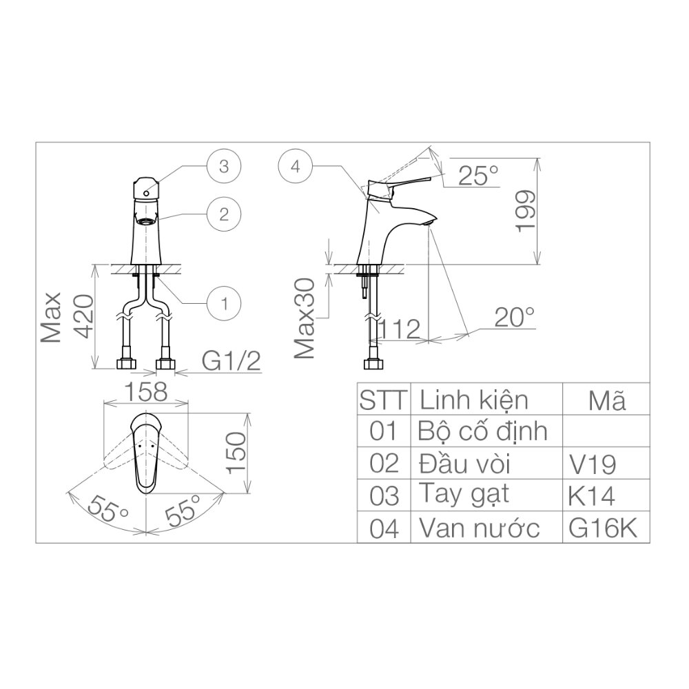 Bản vẽ kỹ thuật vòi chậu lavabo nóng lạnh Viglacera VG114