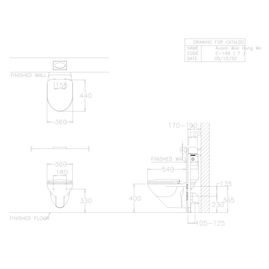 Bản vẽ kỹ thuật bồn cầu treo tường COTTO nắp êm SC199(T)