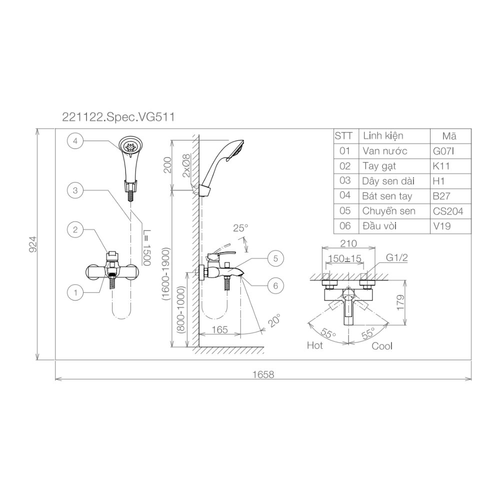 Bản vẽ kỹ thuật sen tắm nóng lạnh Viglacera VG511
