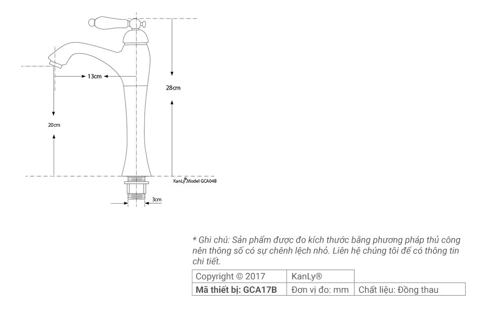 Bản vẽ kỹ thuật vòi lavabo Kanly GCA17B bằng đồng