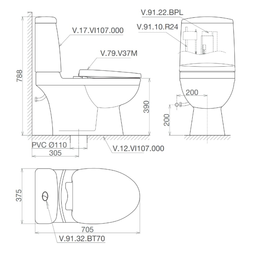 Bản vẽ kỹ thuật bồn cầu 2 khối Viglacera VI107 nắp êm