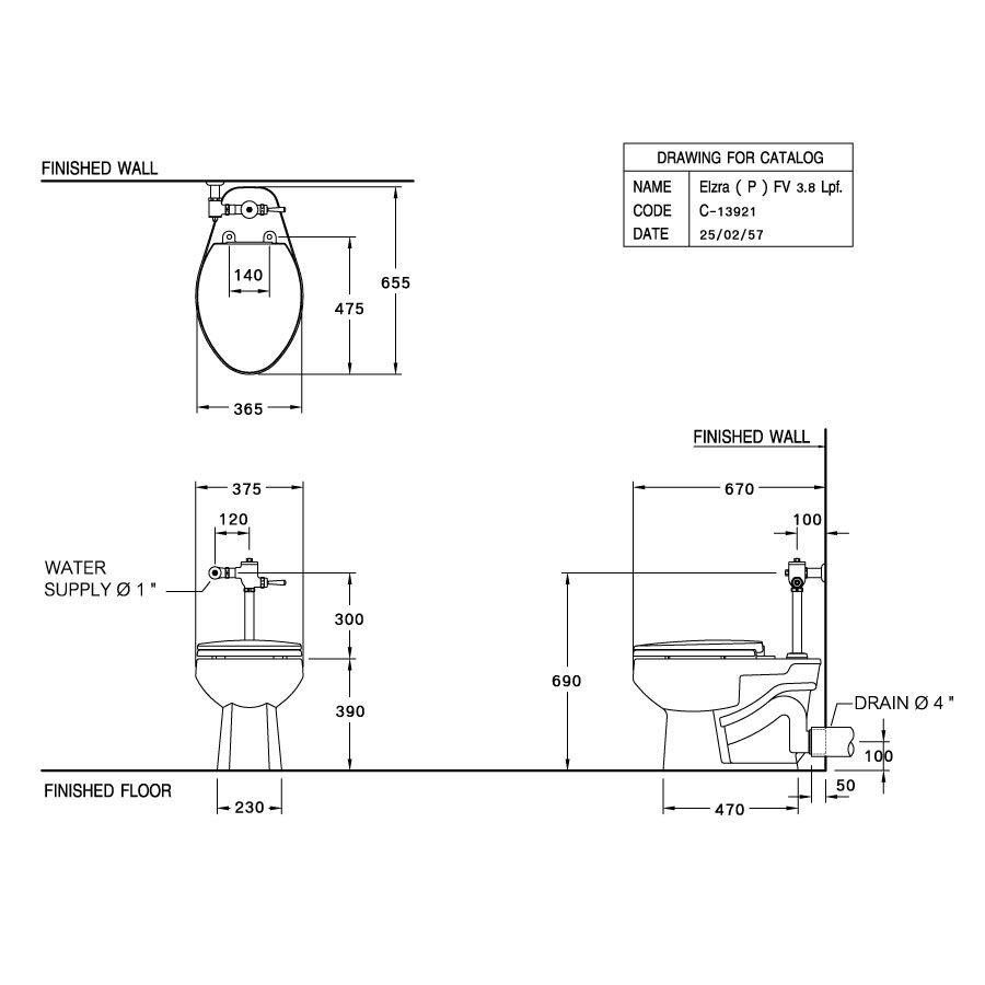 Bản vẽ kỹ thuật bồn cầu đặt sàn COTTO C13921 van xả trực tiếp Elzra nắp đóng êm