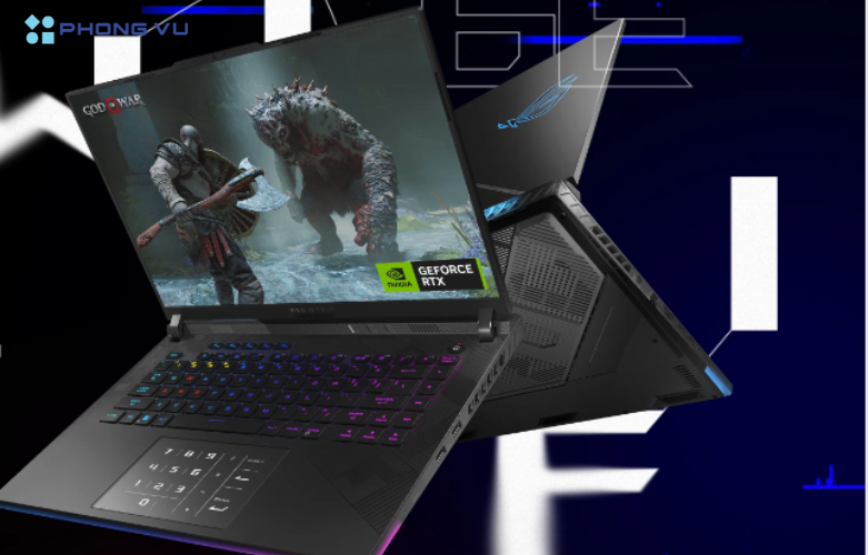 Laptop ASUS ROG Strix SCAR 16 với các cổng kết nối hiện đại và hệ thống âm thanh Dolby Atmos.