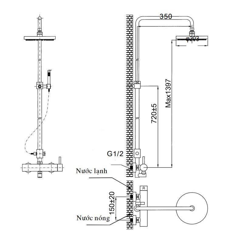 Bản vẽ kỹ thuật của sen tắm cây đứng INAX BFV-70S nóng lạnh