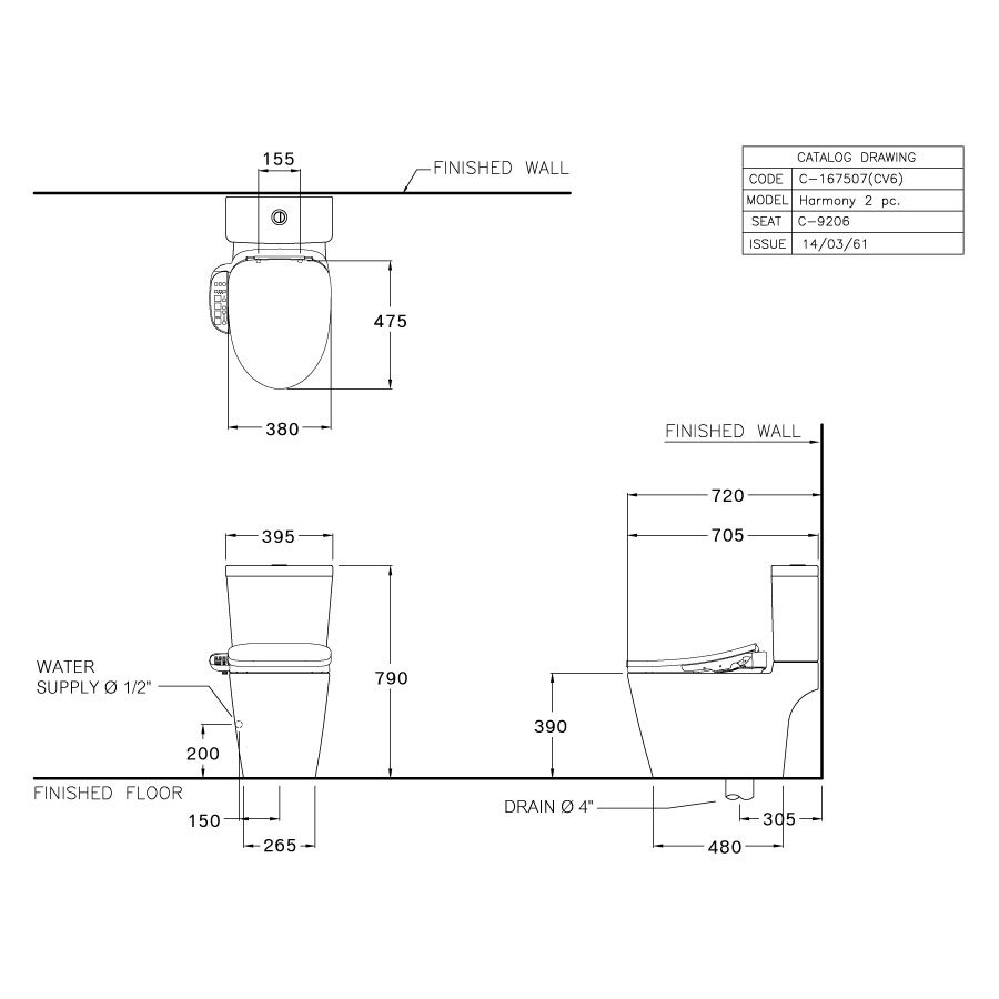 Bản Vẽ Kỹ Thuật Bồn Cầu COTTO C110507(CV7) 1 Khối  Nắp Điện Tử