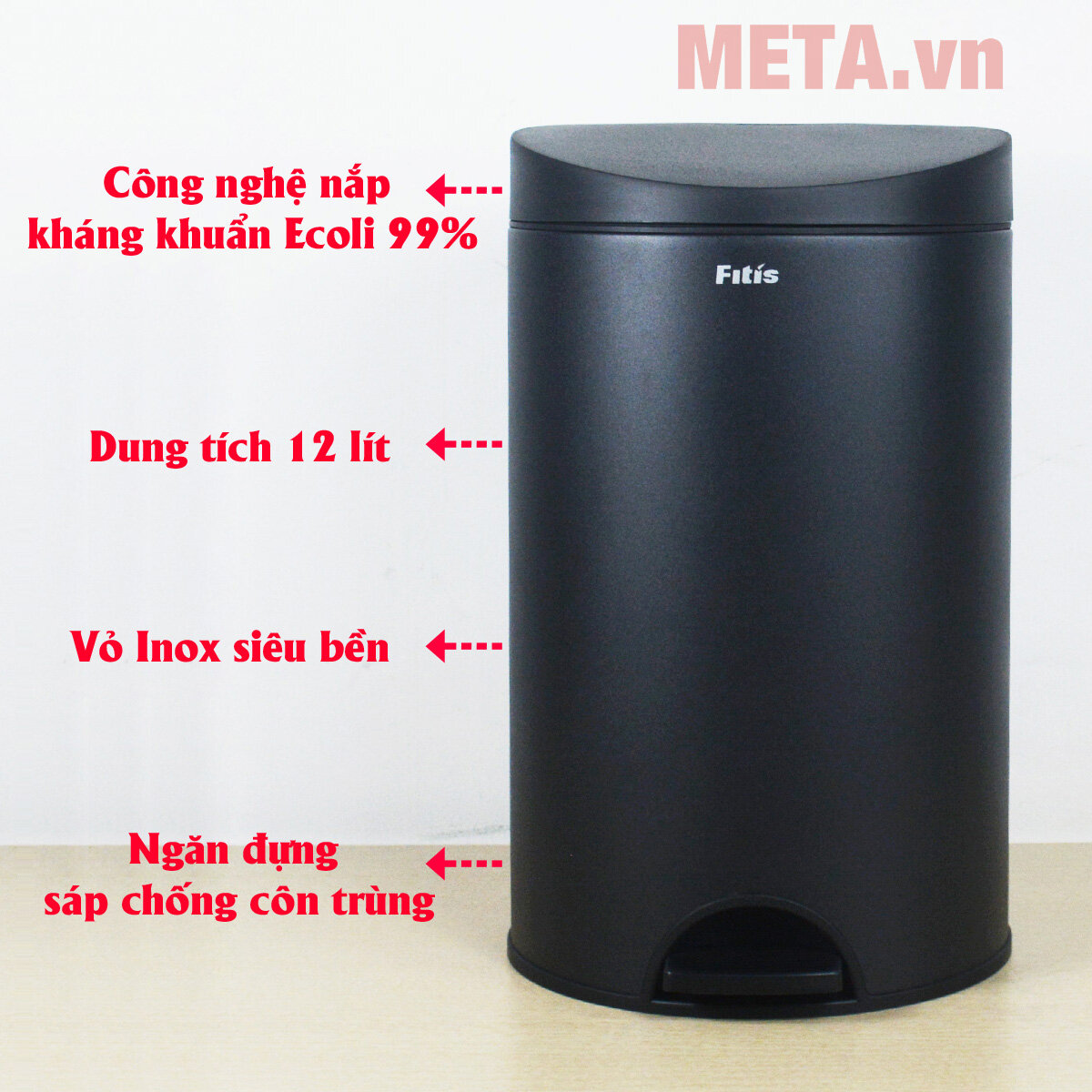 Thùng rác inox đạp tròn nhỏ Fitis RPS1-903 12 lít (đen)