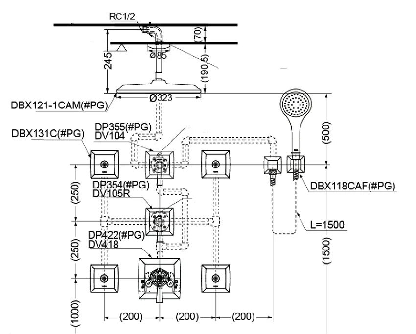 Bản vẽ kỹ thuật bộ sen tắm âm tường TOTO DBX121 1CAM âm tường