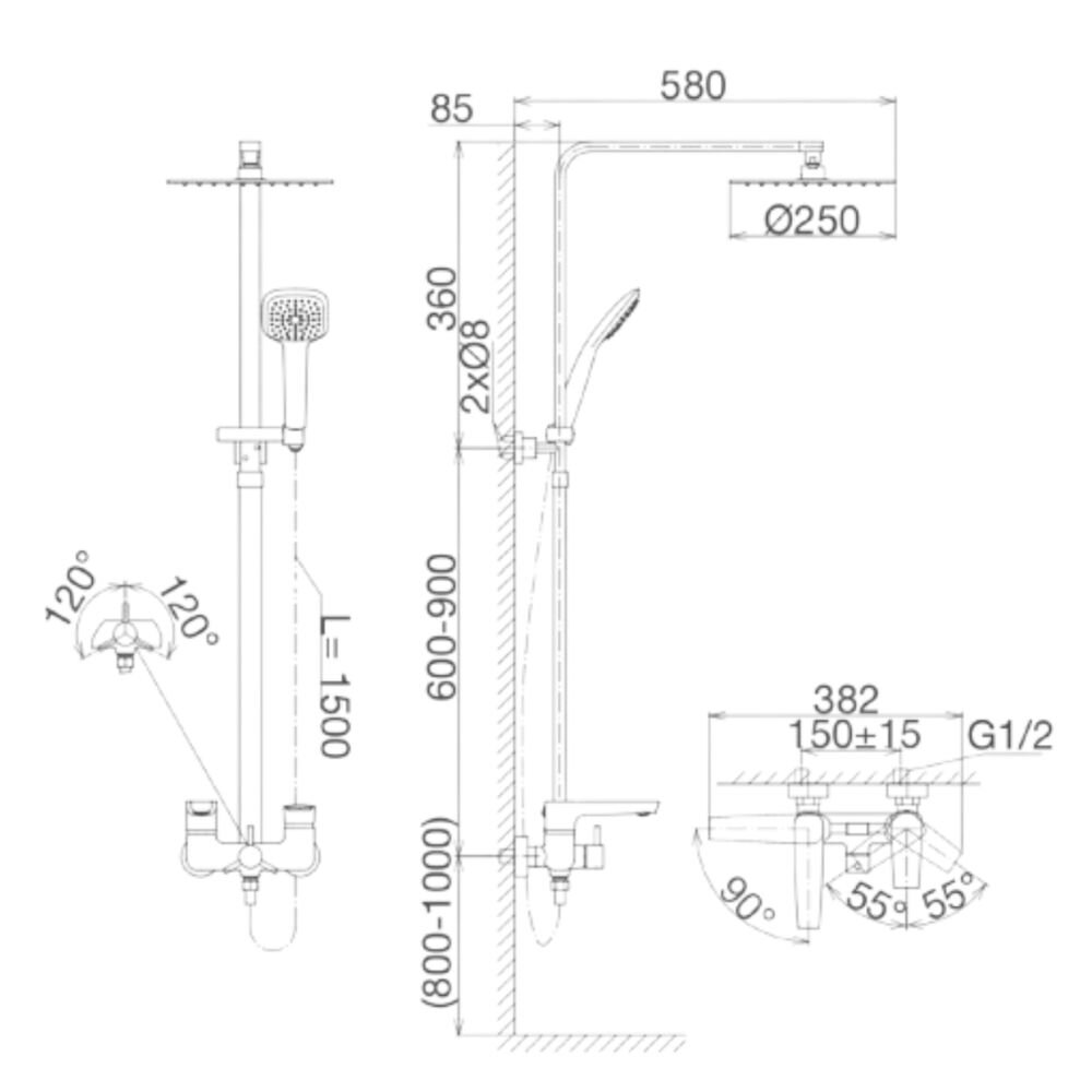 Bản vẽ kỹ thuật sen cây tắm nóng lạnh Viglacera VG593