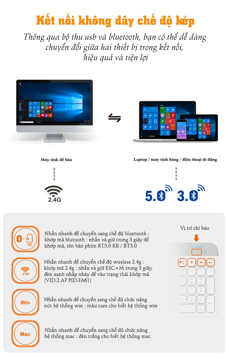 Bàn phím không dây Newmen K10 trắng (USB/Bluetooth) 6