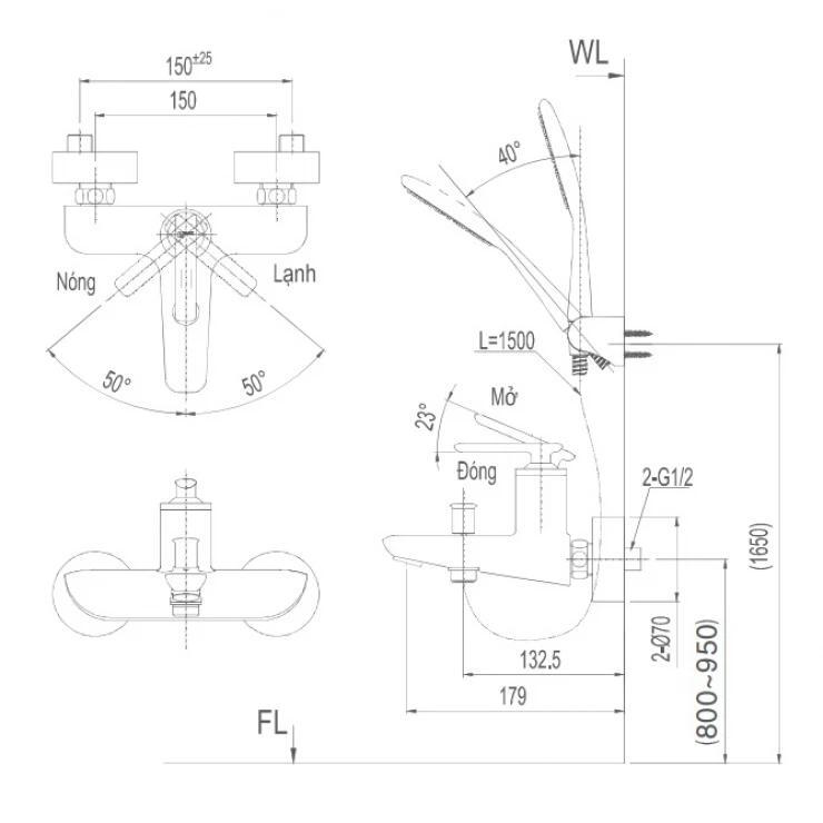 Bản vẽ kỹ thuật bộ sen tắm nóng lạnh INAX BFV-4103S