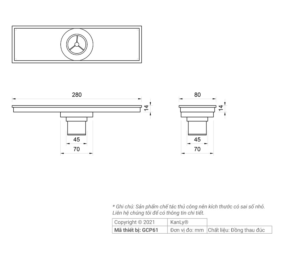 Bản vẽ kỹ thuật phễu thu sàn bằng đồng Kanly GCP61