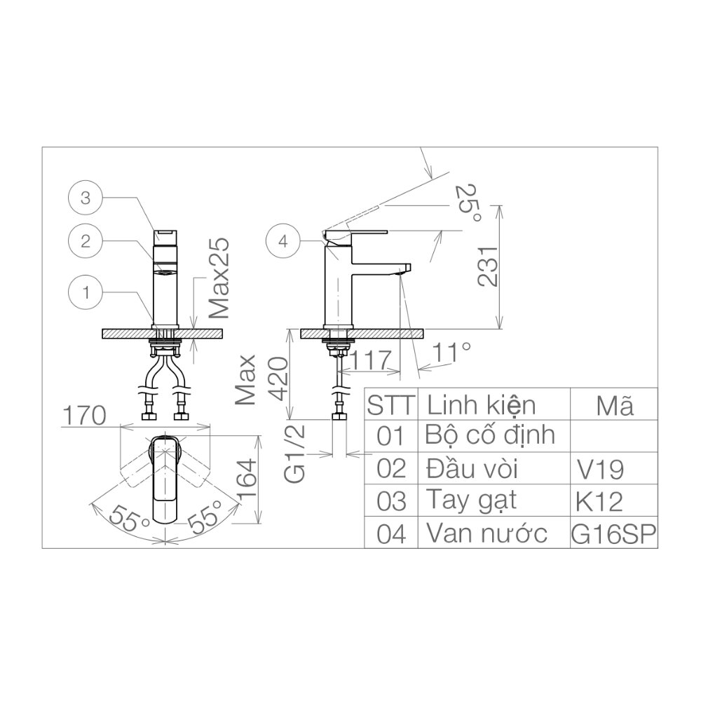 Bản vẽ kỹ thuật vòi chậu lavabo nóng lạnh Viglacera VG112