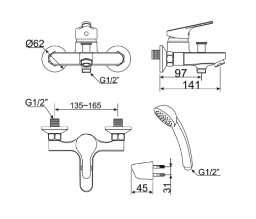 Bản vẽ kỹ thuật vòi sen nóng lạnh American Standard WF-1411