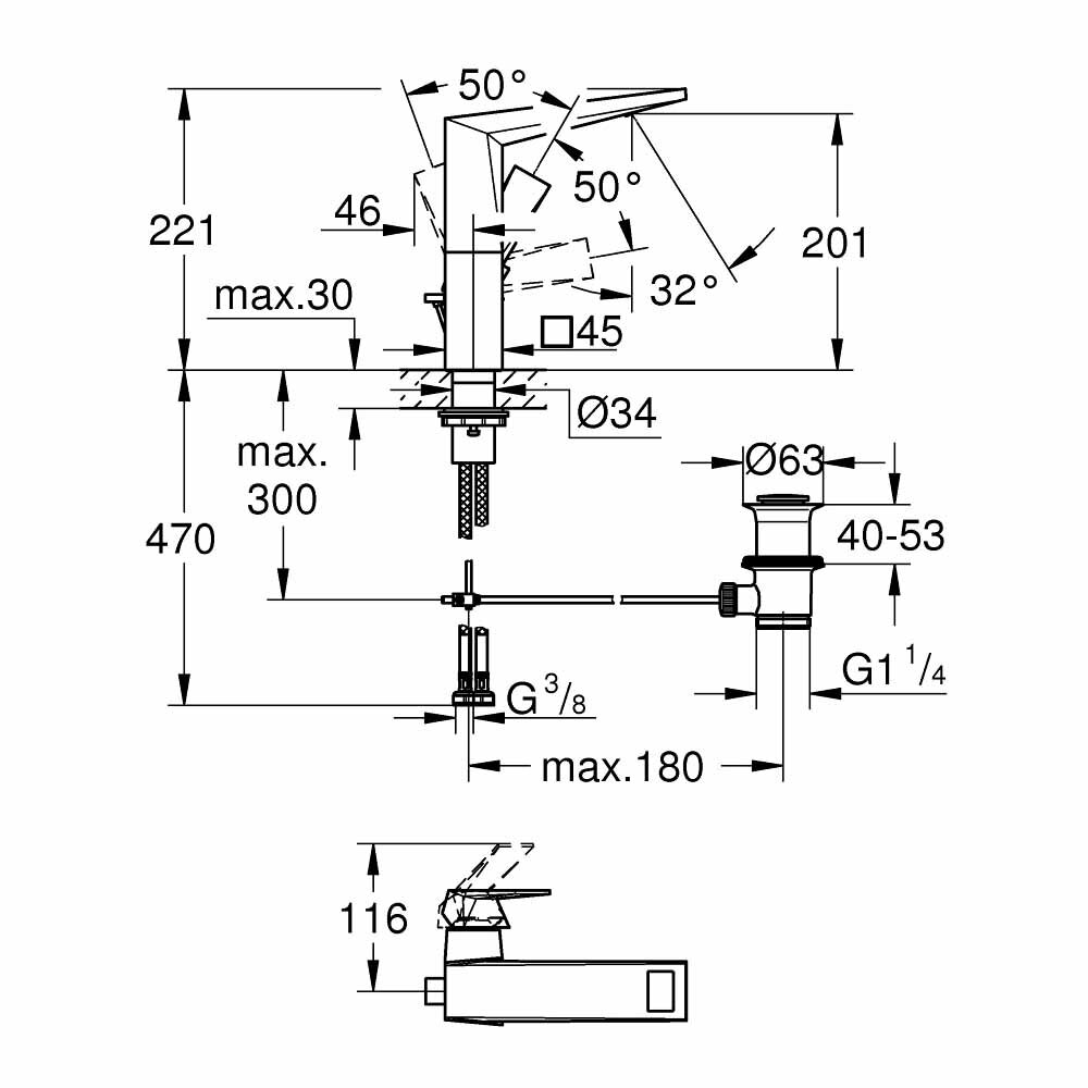 Bản vẽ kỹ thuật vòi chậu nóng lạnh Allure GROHE 23109000