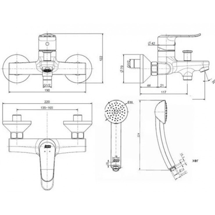 Bản vẽ kỹ thuật vòi sen tắm gắn tường AMERICAN STANDARD WF-0711