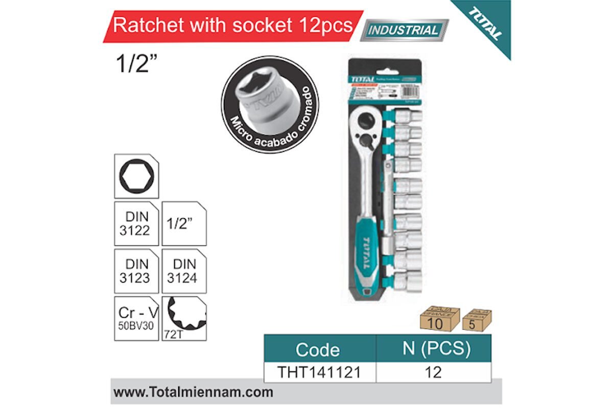 Bộ 12 socket 1/2in và cần 2 chiều Total THT141121