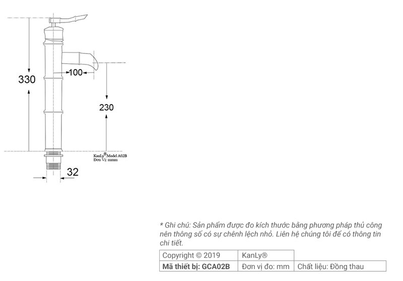 Bản vẽ kỹ thuật vòi lavabo nóng lạnh bằng đồng Kanly GCA02B
