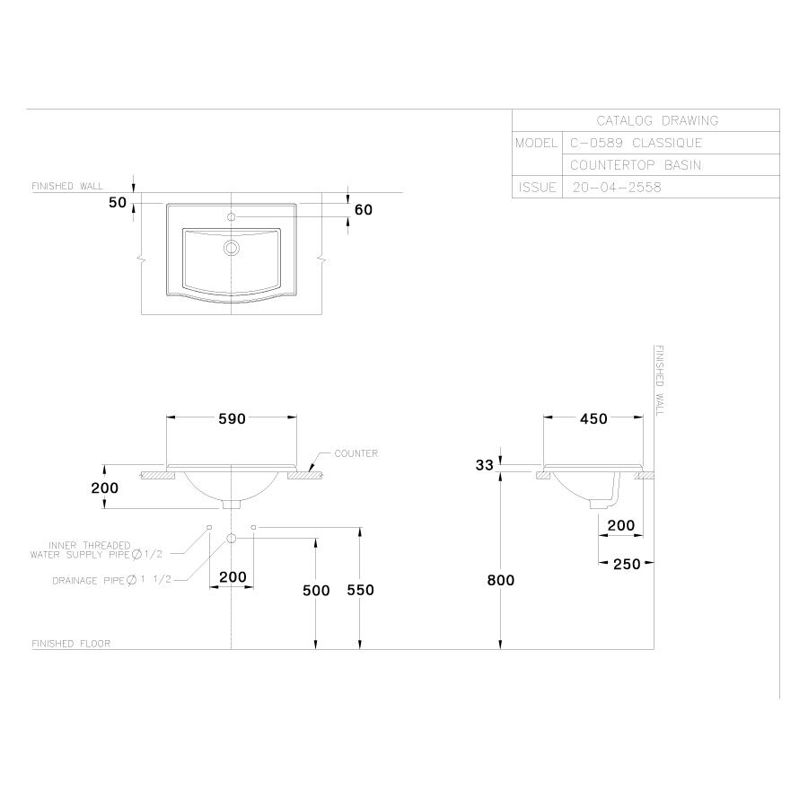 Bản vẽ kỹ thuật chậu rửa lavabo COTTO dương vành C05897