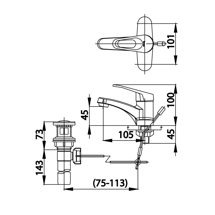 Bản vẽ kỹ thuật vòi lavabo nóng lạnh COTTO 3 lỗ CT2173A