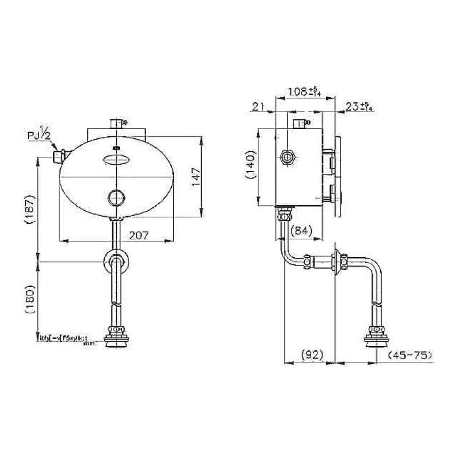 Bản vẽ kỹ thuật van xả tiểu nam COTTO cảm ứng dùng pin CT484
