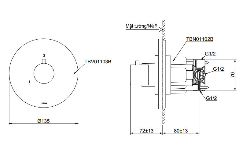 Bản vẽ kỹ thuật van chuyển hướng TOTO TBV01103B/TBN01102B cho sen tắm âm tường