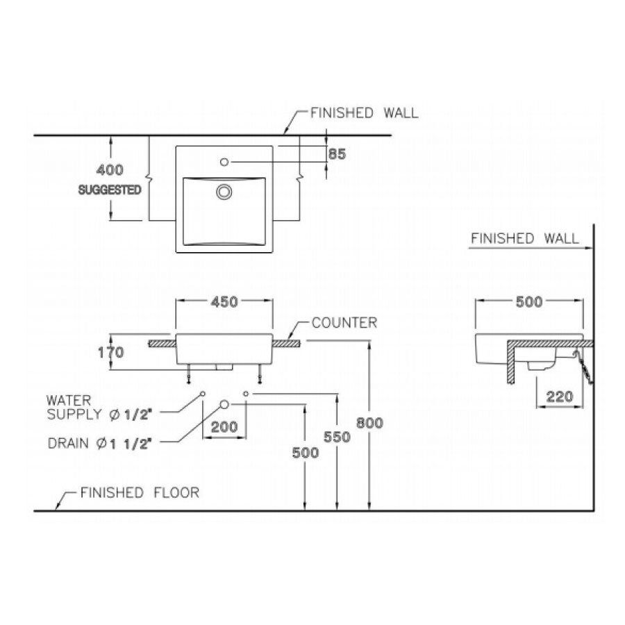Bản vẽ kỹ thuật chậu rửa lavabo COTTO bán âm bàn C02717