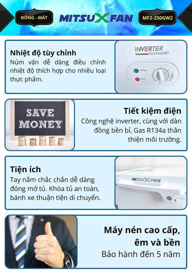  Tủ đông Mitsuxfan inverter 2 ngăn 300 lít MF2-250GW2