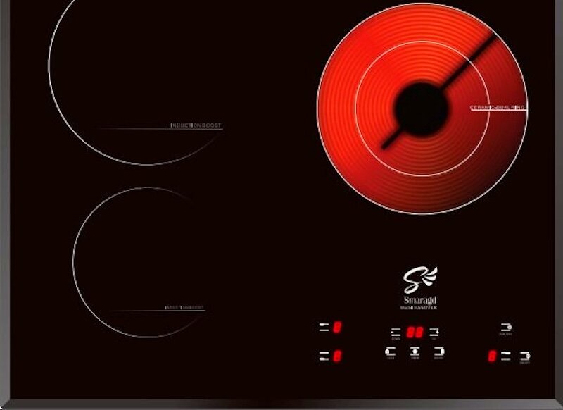 Bếp điện từ 3 vùng nấu Smaragd Hanover sở hữu bảng cảm ứng riêng biệt cho vùng nấu hồng ngoại và vùng nấu từ