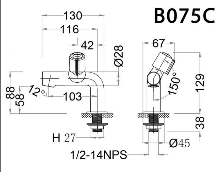 Bản vẽ kỹ thuật vòi lavabo Caesar B075C lạnh