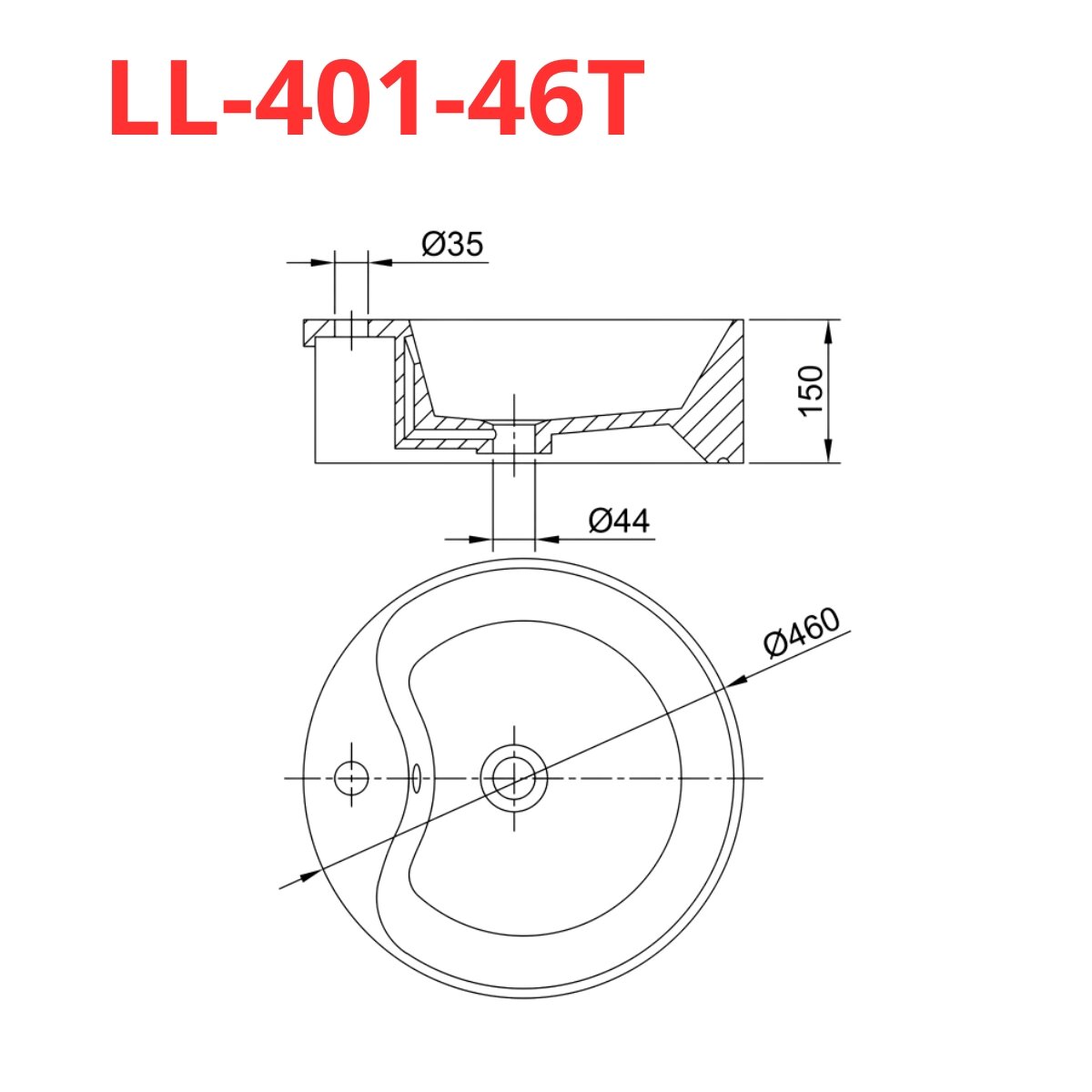 Bản vẽ kỹ thuật chậu rửa mặt Lavabo đặt bàn Luxta LL-401-46T