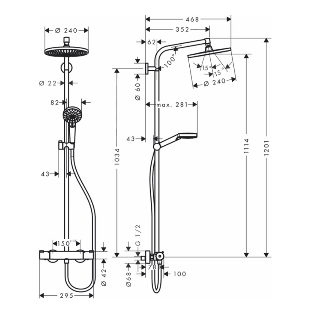 Bản vẽ kỹ thuật của sen cây nóng lạnh HG Crometta S 240 ( Tròn) Hansgrohe 27267000