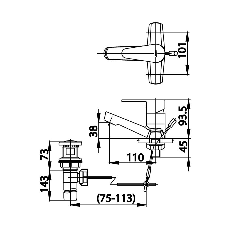 Bản vẽ kỹ thuật vòi lavabo nóng lạnh COTTO 3 lỗ CT2175AE