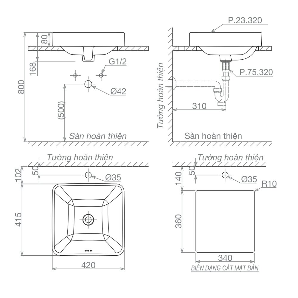 Bản vẽ kỹ thuật của chậu rửa lavabo đặt bàn Viglacera Platinum P.23.320