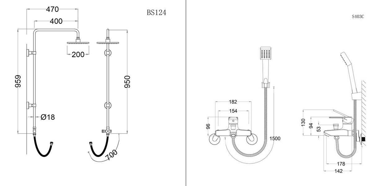 Bản vẽ kỹ thuật bộ sen cây tắm đứng nóng lạnh Caesar BS124 + S403C