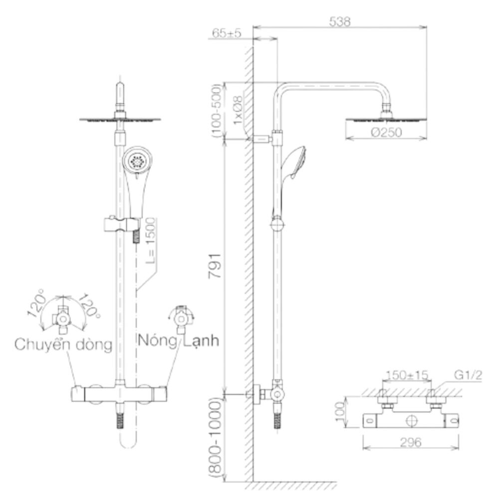 Bản vẽ kỹ thuật sen cây tắm đứng nhiệt độ Viglacera VG598