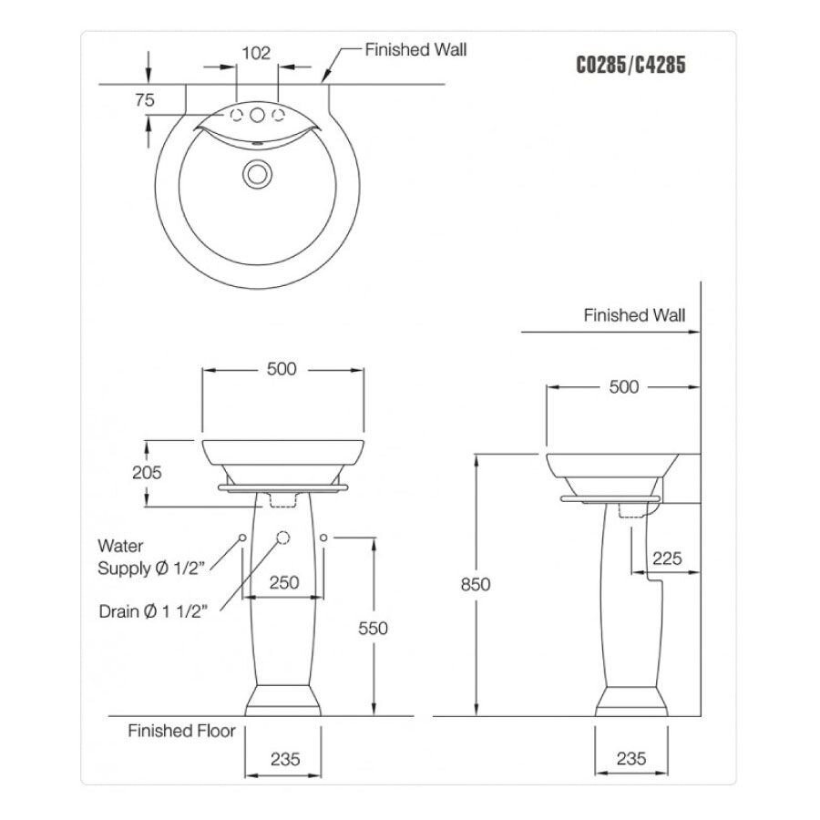 Bản vẽ kỹ thuật chậu rửa lavabo COTTO C0285/C4285 treo tường chân dài Alpha