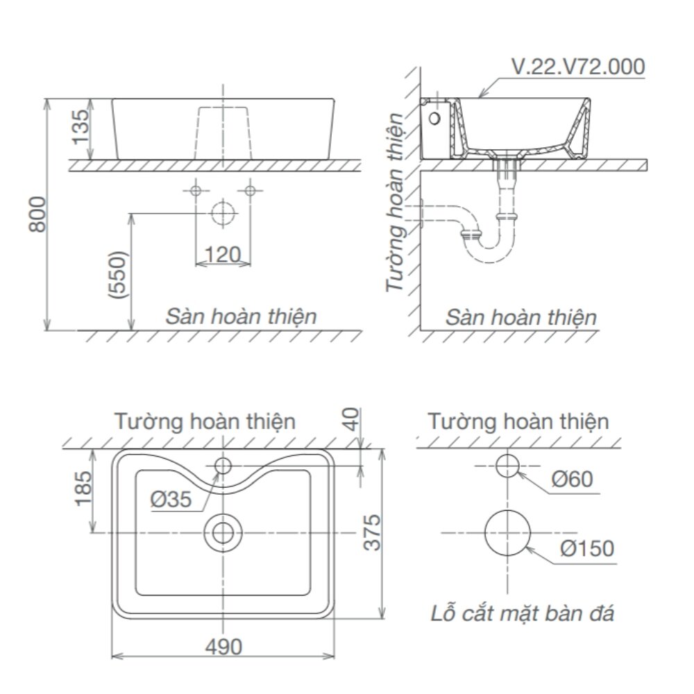 Bản vẽ kỹ thuật chậu lavabo đặt bàn Viglacera V72