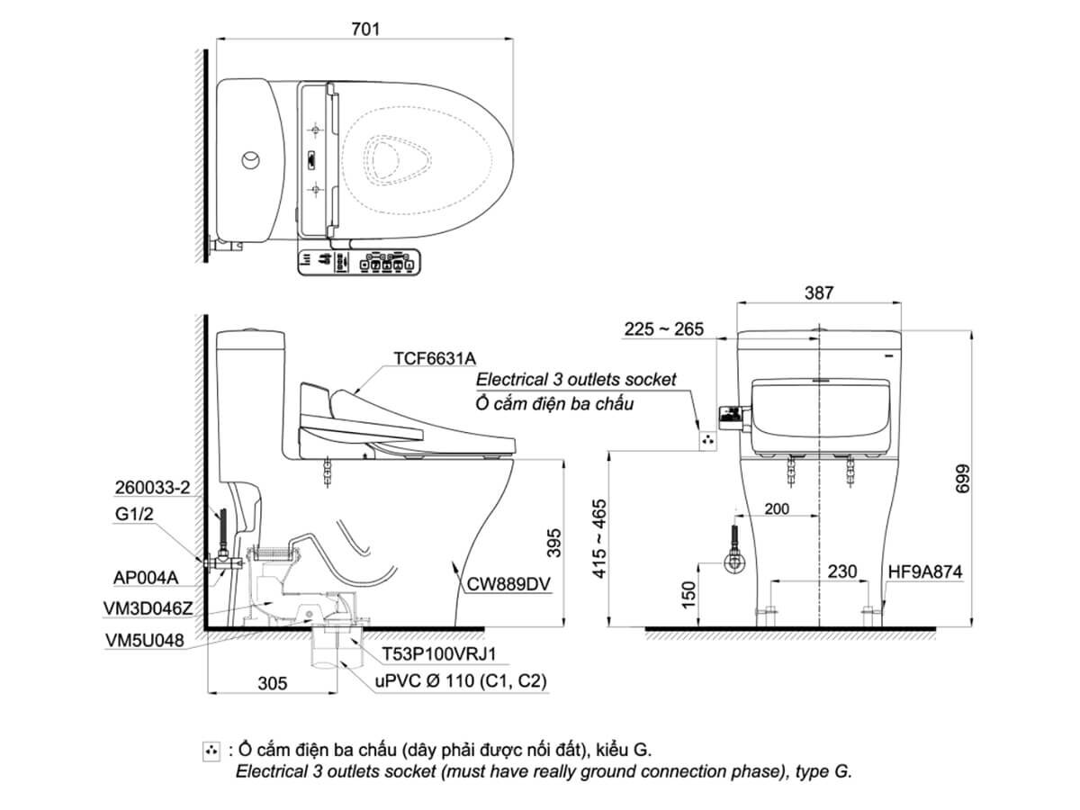 Bản vẽ kỹ thuật bồn cầu 1 khối MS889DRW7 nắp rửa điện tử