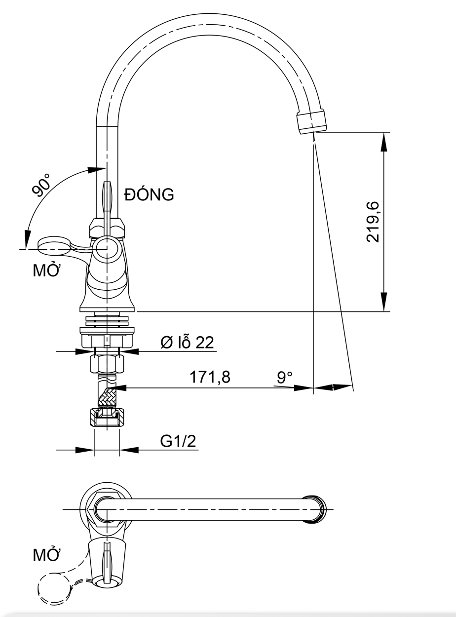 Bản vẽ kỹ thuật vòi rửa chén LUXTA