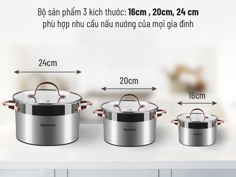 Nagakawa 1352 là bộ nồi gồm 3 chiếc nồi có đường kính là 16cm, 20cm, 24cm