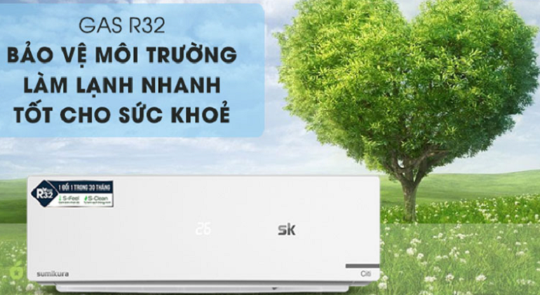 Điều hòa Sumikura 12000 BTU 2 chiều Inverter APS/APO-H120/Citi sử dụng khí gas R-32 với vai trò là môi chất làm lạnh.