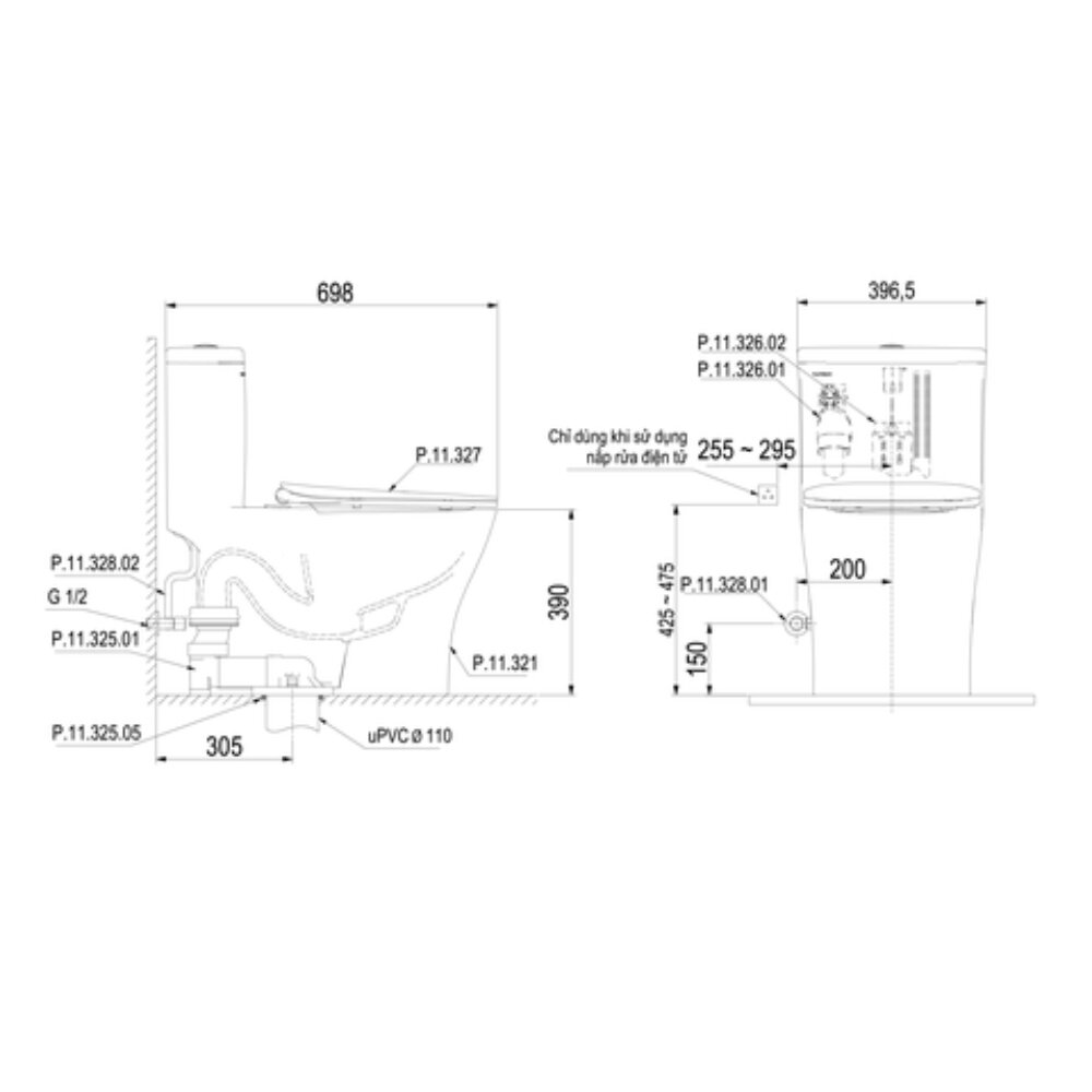 Bản vẽ kỹ thuật của bồn cầu 1 khối Viglacera Platinum P.11.321