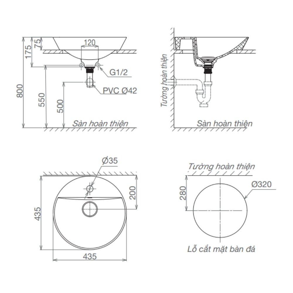 Bản vẽ kỹ thuật chậu lavabo dương vành Viglacera V26