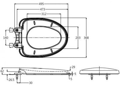 Bản vẽ kích thước nắp bàn cầu đóng êm Toto TC385VS Nắp bàn cầu Toto TC385VS