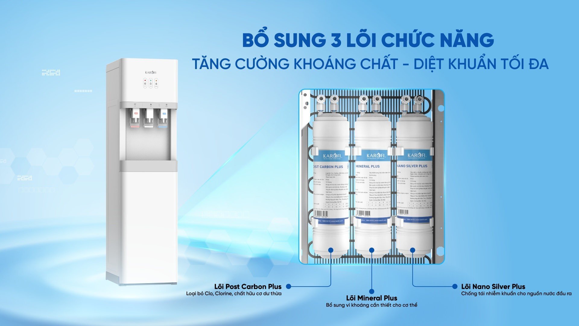 Cây nước nóng lạnh HCV209 của Karofi được tích hợp 3 lõi chức năng