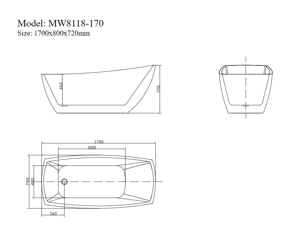 Bồn tắm đặt sàn 1.7m MOWOEN MW8118-170 bản vẽ