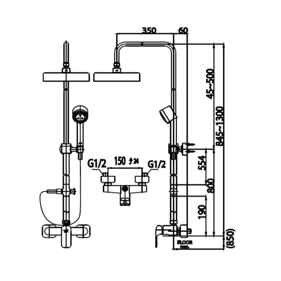 Bản vẽ kỹ thuật bộ sen tắm đứng nóng lạnh COTTO CT2048WS